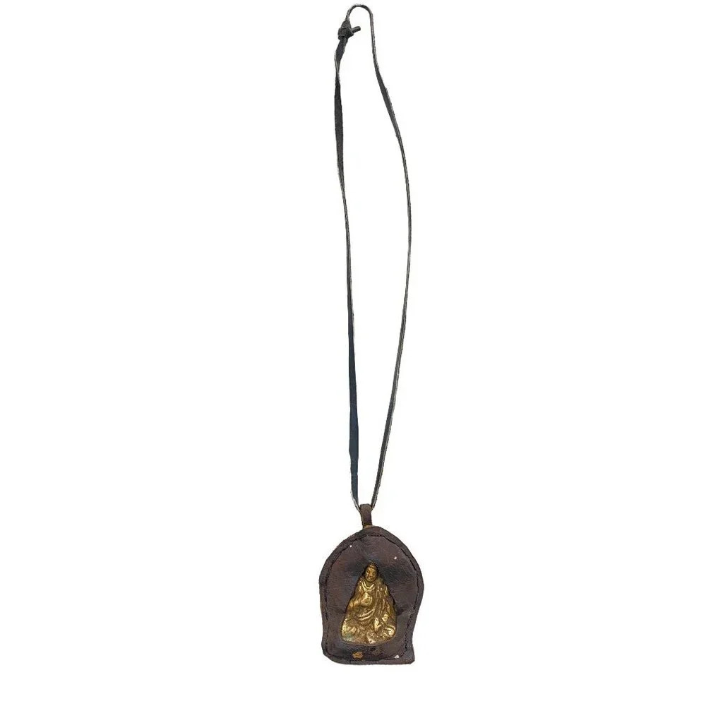 Leather Wrapped Brass Buddha Meditation Necklace - Picture 2 of 4